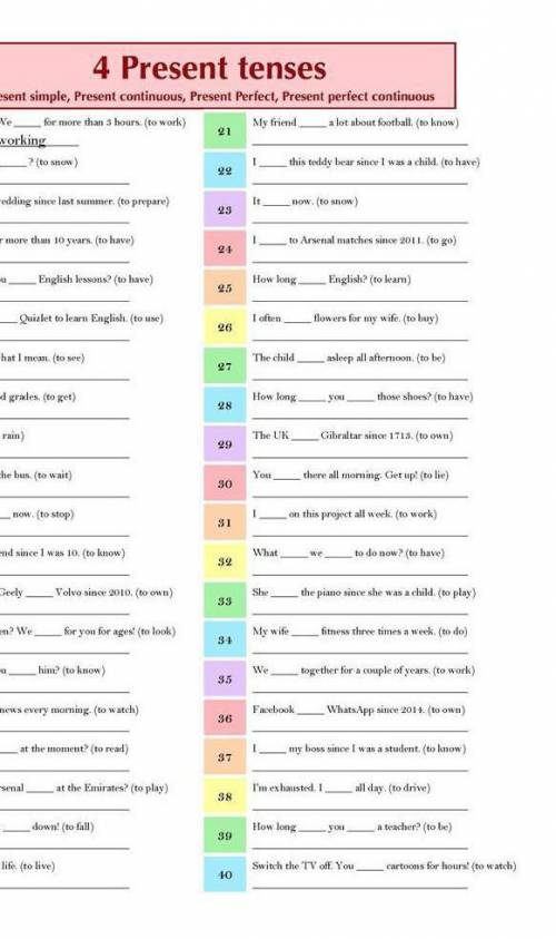 Present simple, present continuous, present perfect, present perfect continuous.​