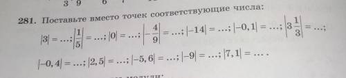 281. Поставьте вместо точек соответствующие числа: 43 =5 -.....; [0] =...; |-14 = ...; -0,1| = ...;