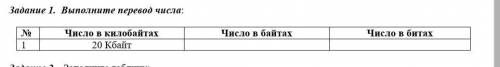 Адание 1. Выполните перевод числа: № Число в килобайтах Число в байтах Число в битах1 20 Кбайт ​