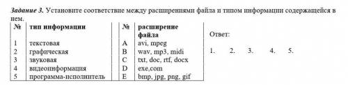 Задание 3. Установите соответствие между расширениями файла и типом информации содержащейся в нем. ​