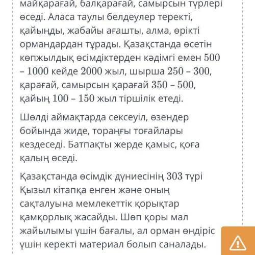 Қазақстандағы өсімдіктер әлемі Мәтінмен таныс, сұрақтарды жауабымен сәйкестендір. Қазіргі Қазақстанн