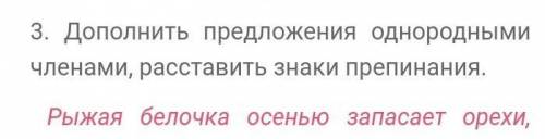 дополнить предложения однородными членами, расставить знаки припинания Рыжая белочка осенью запасает