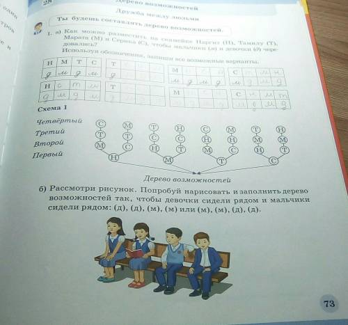 рисунок Попробуй нарисовать и заполни дерево возможностей так чтобы девочки сидели рядом и мальчики