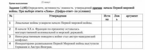 Задание 1.(46) Определите, истинность ложность утверждений причин начала Первой мировой войны. При в