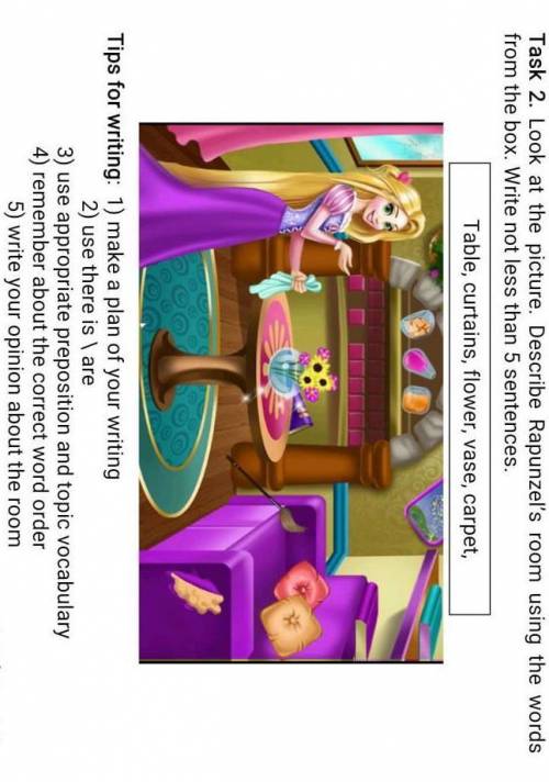 Writing Task 2. Look at the picture. Describe Rapunzel's room using the wordsfrom the box. Write not