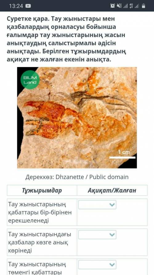 Дереккөз: Dhzanette / Public domain ТұжырымдарАқиқат/ЖалғанТау жыныстарының қабаттары бір-бірінен ер