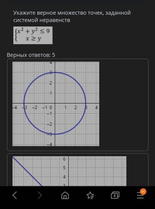 Укажите верное множество точек заданное системой неравенств {x^2+y^2<=9 { x>=y и лучше с рису