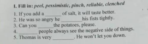 Fill in: peel, pessimistic, pinch, reliable, clenched 1. If you add a of salt, it will taste better