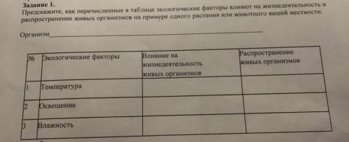 Задание 1. Предскажите, как перечисленные в таблице экологические факторы влияют на жизнедеятельност