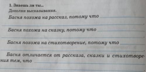 1. Знаешь ли ты... Дополни высказывания.Басня похожа на рассказ, потому чтоБасня похожа на сказку, п