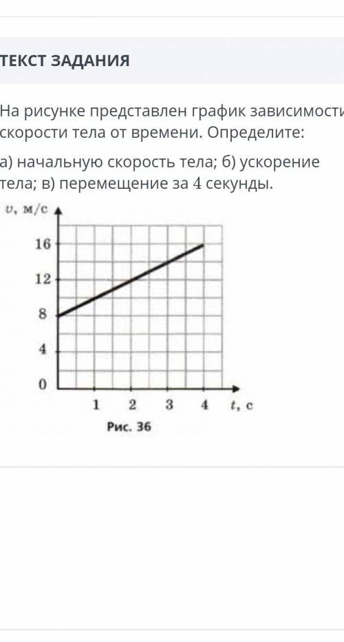 Текст задания На рисунке представлен график зависимости скорости тела от времени. Определите:a) нача