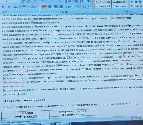 Послетекстовая работа Распределите всю информацию текста на главную и второстепенную в таблицуГлавна