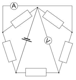 Электрическая цепь состоит из идеальной батарейки с напряжением на выводах 7 В, идеальных приборов и
