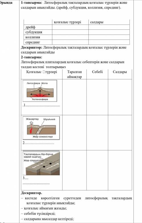 1-тапсырма: Литосфералық тақталардың қозғалыс түрлерін және салдарын Орында 1-тапсырма: Литосфералық