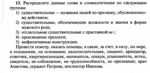 13. Распределите данные слова и словосочетания по следующим группам:1) существительные — названия лю