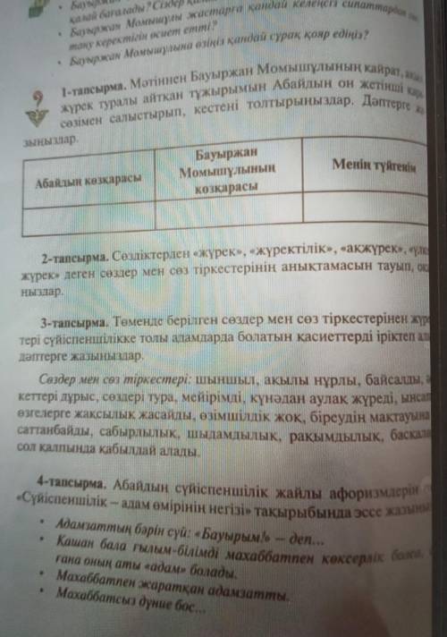 1-тапсырма. Мәтіннен Бауыржан Момышұлының кайрат, а Жүрек туралы айтқан тұжырымын Абайдын он жетінші