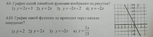 A9. График какой линейной функции изобразікен на рисунке? 1) y= 2х+3 2) у = 2x 3) у = -2x+2 4) y=-2х