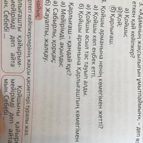 4. Қойшы арманына ненің көмегімен жетті? а) Қойшы көп еңбек етті. Ә) Қойшы асыл тас тауып алды. б) Қ