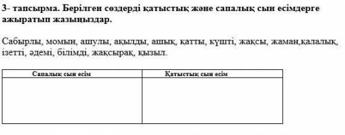 3- тапсырма. Берілген сөздерді қатыстық және сапалық сын есімдерге ажыратып жазыңыздар. Сабырлы, мом