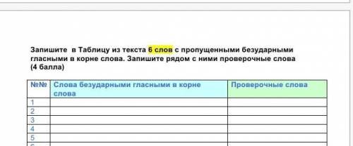 Запишите в Таблицу из текста 6 слов с пропущенными безударными гласными в корне слова. Запишите рядо