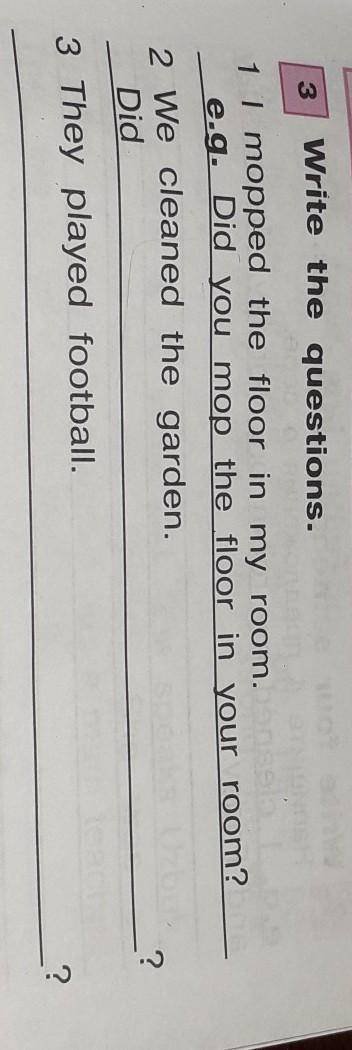 1 1 mopped the floor in my room. e.. Did you mop the floor in your room?2 We cleaned the garden.Did?