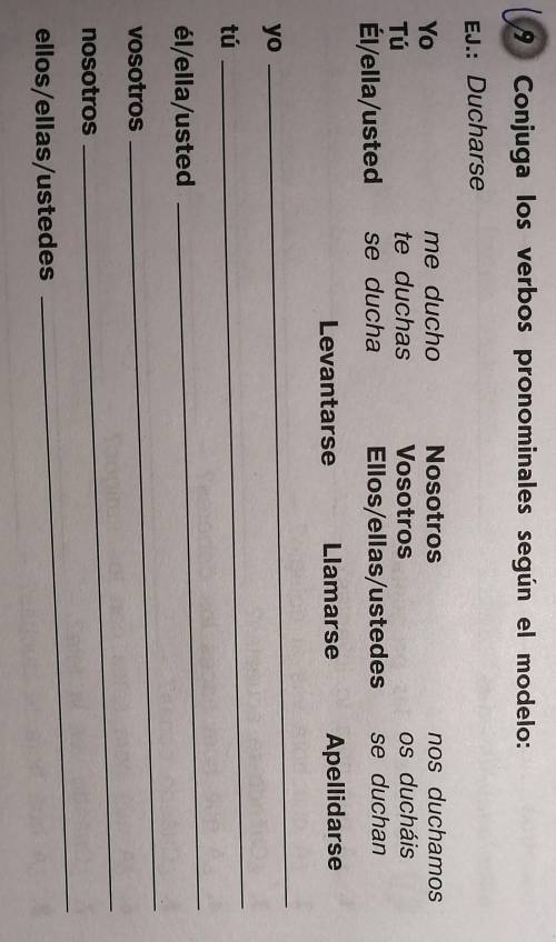 Conjuga los verbos pronominales según el modelo: EJ.: DucharseYome ducho NosotrosTúte duchas Vosotro