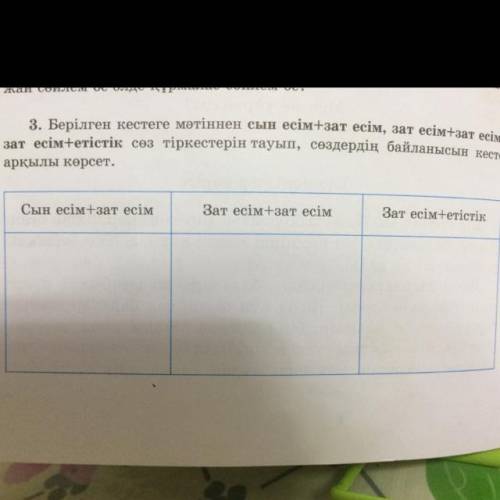 3.Берилген кестеге матиннен сын есим+зат есим,зат есим+зат есим,зат есим+етистик соз тиркестерин тау