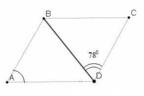 На рисунке четырехугольник ABCD – ромб. Найдите угол А, если угол ВDС равен 780. A) 360; B) 260; C)