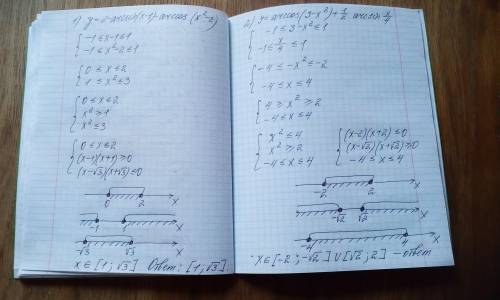 Найдите область определения 1)y=2-arcsin(x-1)-arccos(x^2-2)2)y=arccos(3-x^2)+1/2arcsin x/4