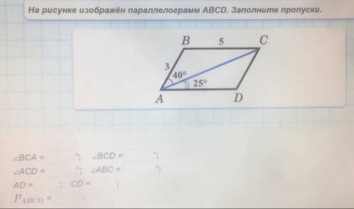 На рисунке изображён параллелограмм ABCD. Заполните пропуски.