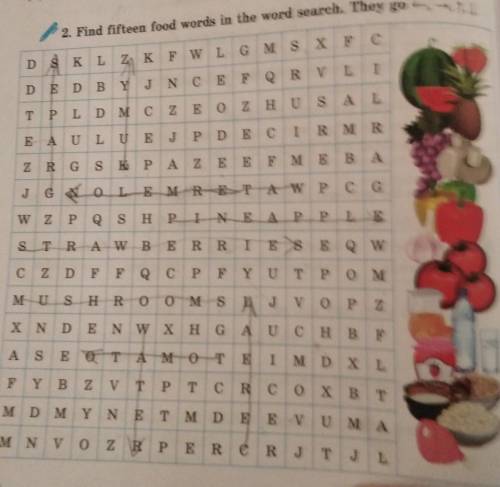 Find fifteen foood wordsin the word search they go ​