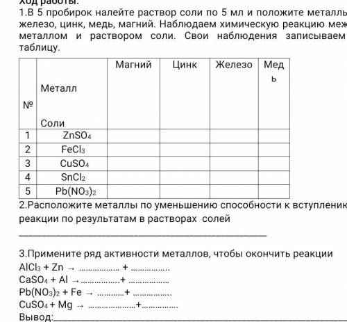 примените ряд активности металлов чтобы закончить реакции AlCl3+Zn-+,.CaSo4+Al-+Pb(NO3)2+Fe-+CuSO4+M