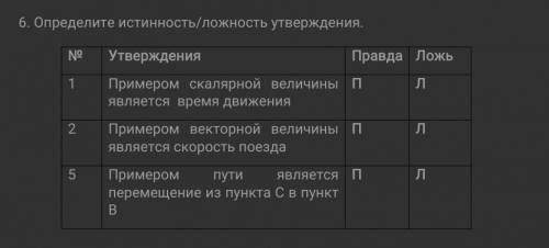 Определите истинность/ложность утверждения. №УтвержденияПравдаЛожь1Примером скалярной величины являе