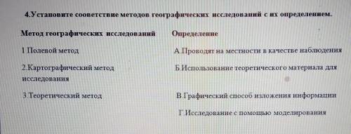 4. Установите сооветствие методов географических исследований с их определением. Метод географически