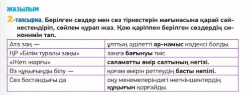 Жазылым 2.-тапсырма. Берілген сөздер мен сөз тіркестерін мағынасына қарай сәй- кестендіріп, сөйлем қ