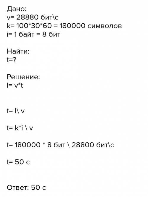 Решите задачу: Сколько секунд потребуется модему, передающему сообщения со скоростью 28 800 бит/с, ч