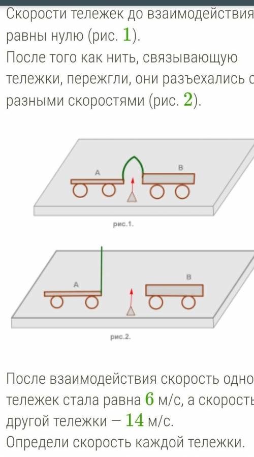 Буду очень благодарен! Скорость тележки A равна... м/сСкорость тележки В равна ... м/с​