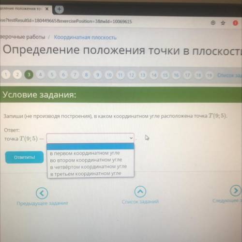 Запиши (не производя построения), в каком координатном угле расположена точка T(9; 5). ответ: точка