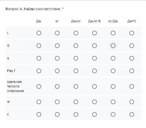 Вопрос 4. Найди соответствие. * Дж кг Дж/кг Дж/кг К кг/Дж Дж*С L Q q Ряд 7 удельная теплота плавлени