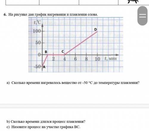 6. На рисунке дан график нагревания и плавления олова. a) Сколько времени нагревалось вещество от -5