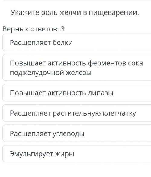 Укажите роль желчи в пищеварении. Верных ответов: 3 Расщепляет белки Повышает активность ферментов с