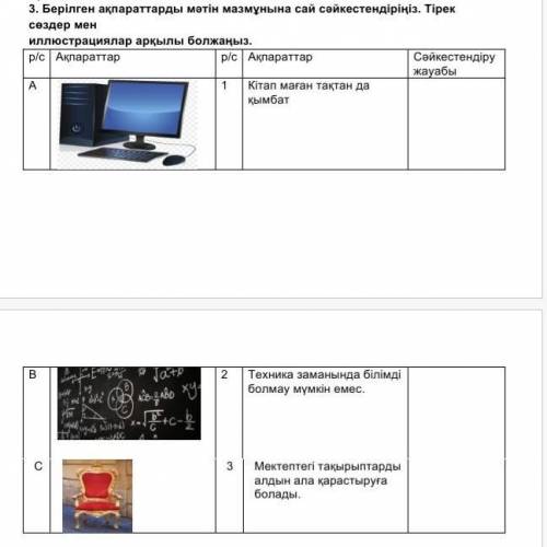 Берілген ақпараттарды мәтін мазмұнының сай сәйкестендіріңіз.Тірек сөздер мен иллюстрациялар арқылы б