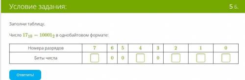 Число в однобайтовом формате. Заполни таблицу.Число 1710=100012 в однобайтовом формате:Номера разряд