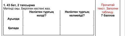 43бет 2 тапсырма мәтінді оқы.берілген кестені жаз. Ауылдақалада неліктен тұрғын көлді?неліктен тұрғы