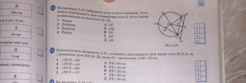 Користуючись малюнком 5.21 установіть відповідність між мірою кута HCE(1-4) i довжиною дуги HE(А-Д)