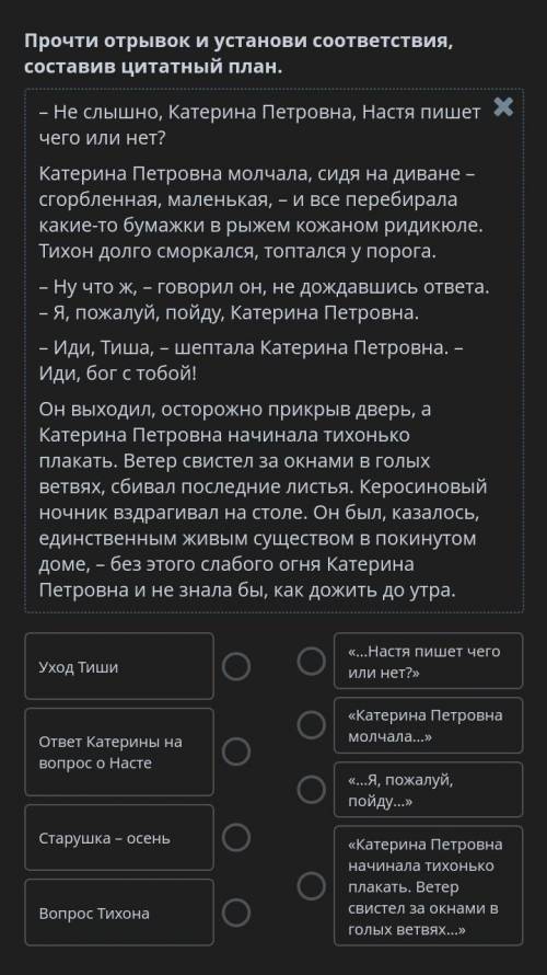 Прочти отрывок и установи соответствия, составив цитатный план.​