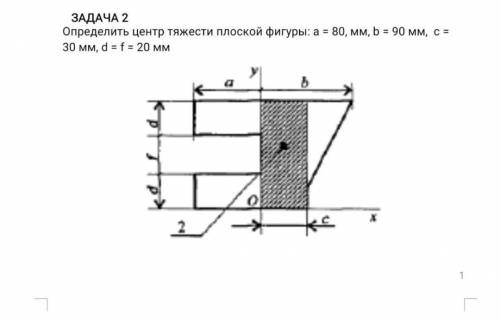 Определить центр тяжести плоской фигуры: a=80 мм, b=90 мм, c= 30 мм, d=f= 20 мм