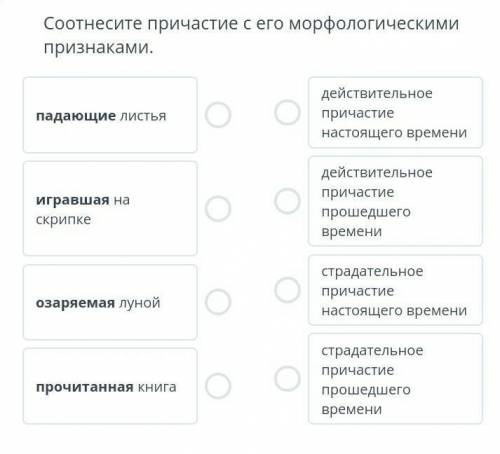 Соотнесите причастие с его морфологическимипризнаками.падающие листьядействительноепричастиенастояще
