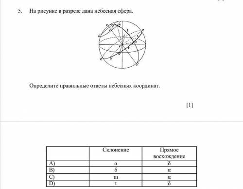 рисунке в разрезе дана небесная сфера.Определите правильные ответы небесных координат.