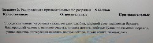 Задание 3. Распределите прилагательные по разрядам – КачественныеОтносительныеПритяжательныеГородски